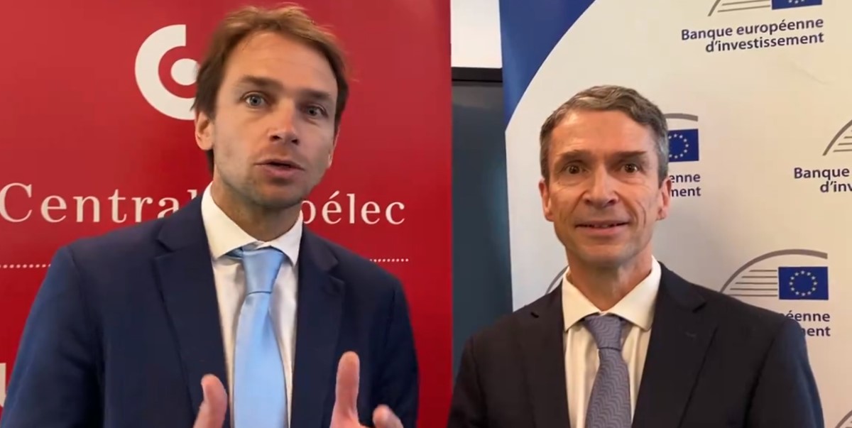 Grégoire Chauvière Le Drian (BEI) et Romain Soubeyran (Supélec) présentent le projet. Capture d’écran BEI.