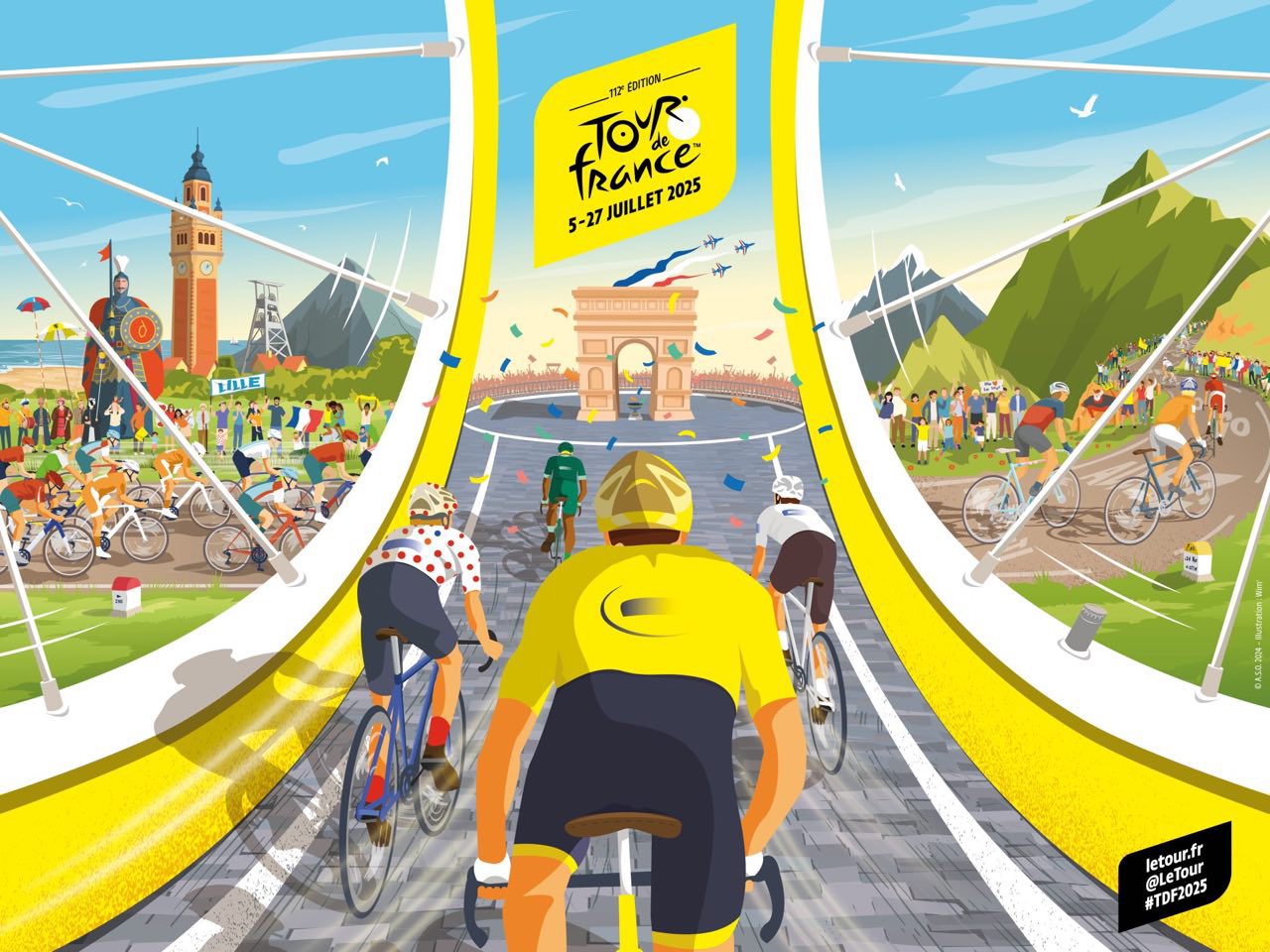 L’affiche officielle du Tour de France 2025, choisie par les habitants du Nord parmi cinq projets locaux, a été dévoilée en même temps que le parcours de l’épreuve. C’est l’illustrateur Matthieu Prudhomme, alias Wim’, connu pour ses affiches qui célèbrent villes et villages de la région, qui a planché sur cette création. « L'Échappée belle » porte bien son nom : on y reconnait de nombreux symboles incontournables du territoire : les géants, les beffrois, le carnaval de Dunkerque…