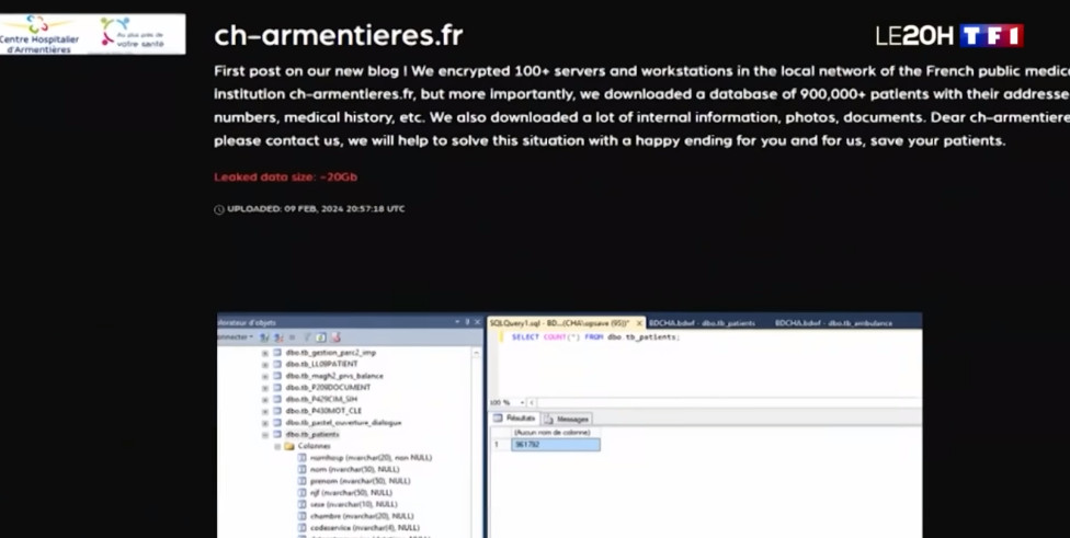 Le message des cybercriminels lors de l’attaque sur le Centre hospitalier d’Armentières. Captures d’écran TF1.