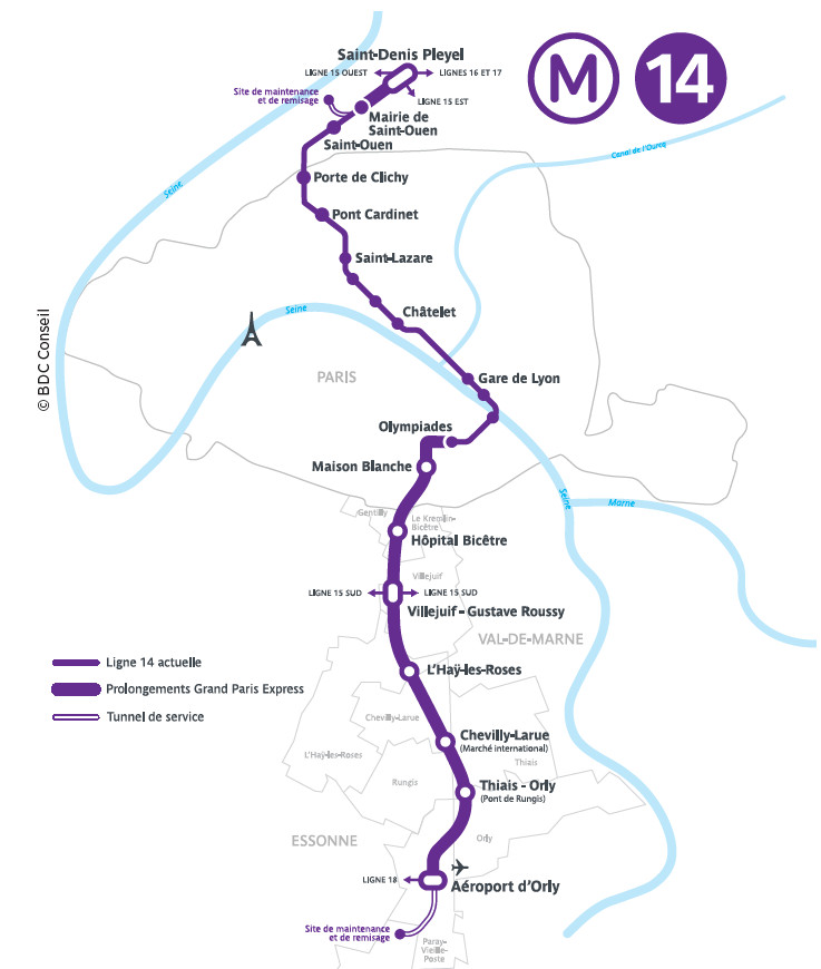 Le tracé de la nouvelle ligne 14 du métro, colonne vertébrale des transports en commun pendant la période des Jeux. Document Région IDF – BDC Conseil