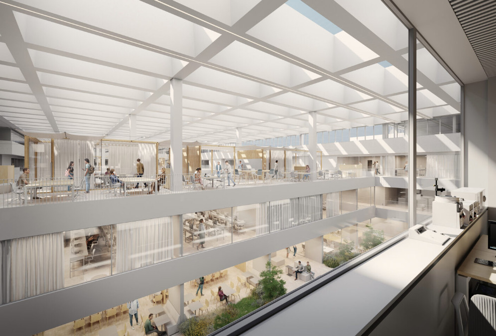 Le nouveau bâtiment du campus de Saclay sera composé d’un espace cœur, point central du bâtiment accessible via les trois nouvelles entrées du bâtiment. Photos Atelier Kempe Thill - Patriarche).