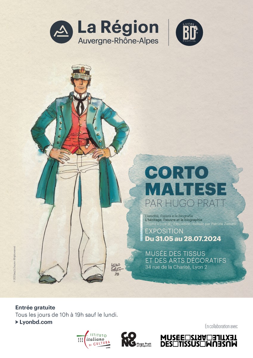 Affiche de l'exposition Corto Maltese par Hugo Pratt au Musée des Tissus et des Arts décoratifs de Lyon 
