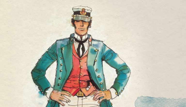 Détail de l'affiche de l'exposition consacrée à Corto Maltese au Musée des Tissus de Lyon.