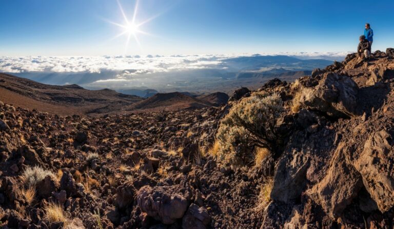 Le soleil au dessus des nuages et le sommet d'une montagne