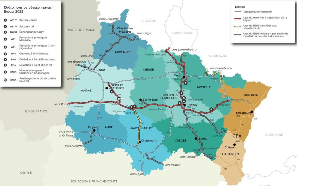 En rouge, le réseau mis à al disposition de la région. Document Région Grand Est.