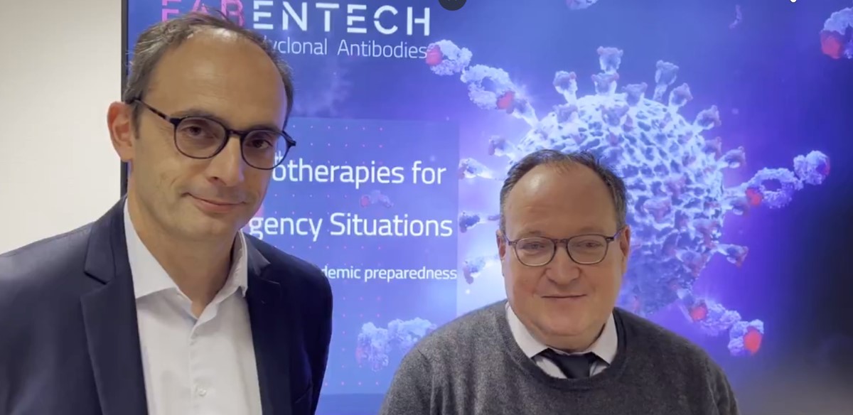 Ambroise Fayolle aux côtés de Sébastien Iva, président du directoire de Fabentech, entreprise de biopharmacie spécialisée dans la production de produits thérapeutiques contre les menaces biologiques et les pandémies de type Covid, dont le siège est à Lyon. La BEI la soutient à hauteur de 20 M€. Photo BEI.