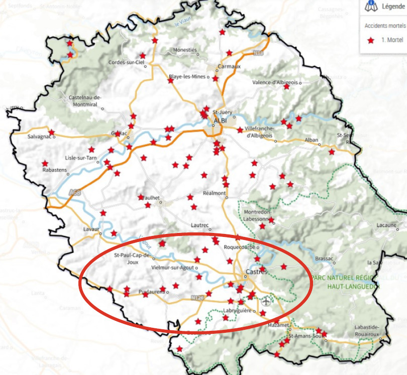 La carte des accidents mortels dans le département du Tarn en 2023. Dans le cercle rouge, les accidents qui se sont produits sur l’actuelle RN126. Source Observatoire national interministériel de la Sécurité routière.