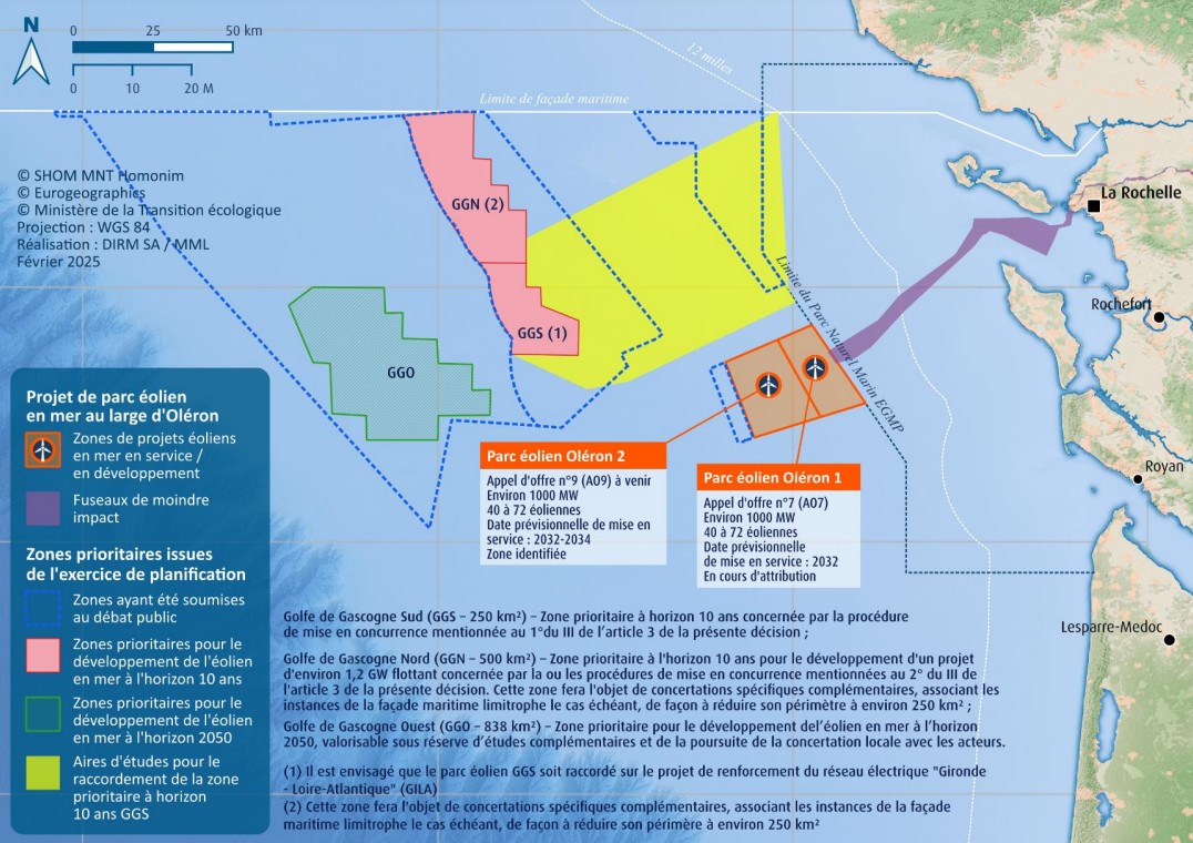 La carte des projets d’éolien marin en Nouvelle-Aquitaine. Document direction internationale de la Mer Sud-Atlantique