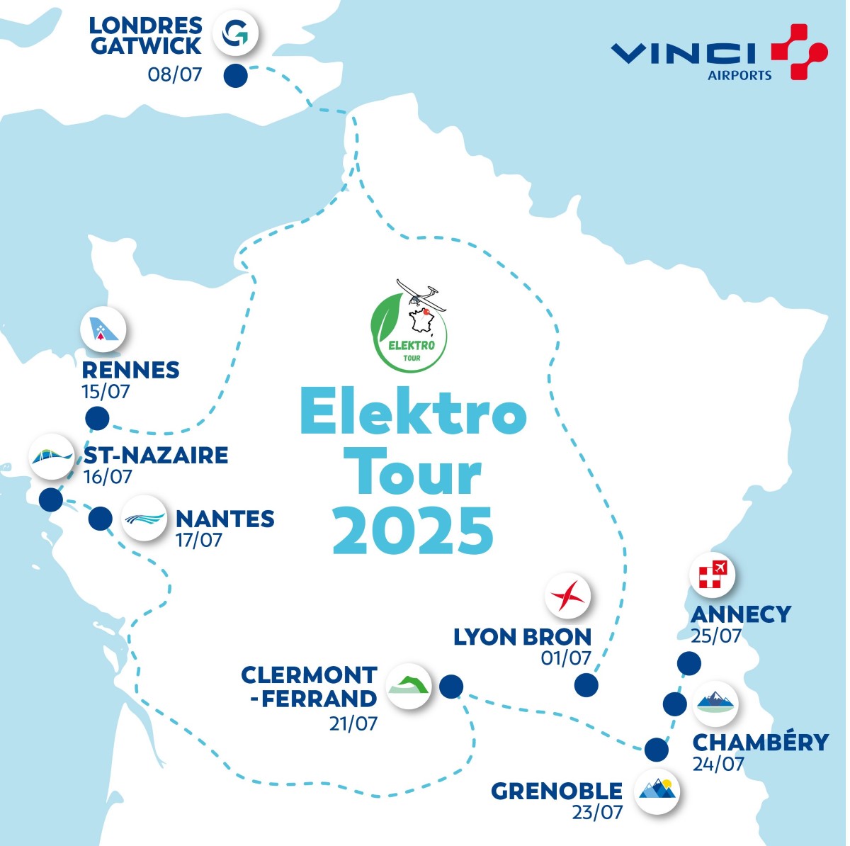 Le parcours de l’avion électrique. Photo Vinci Airports