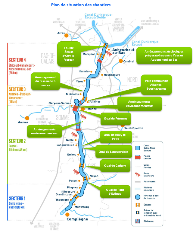 La cartographie des travaux environnementaux en cours ou en prévision. Document SCSNE-ONE