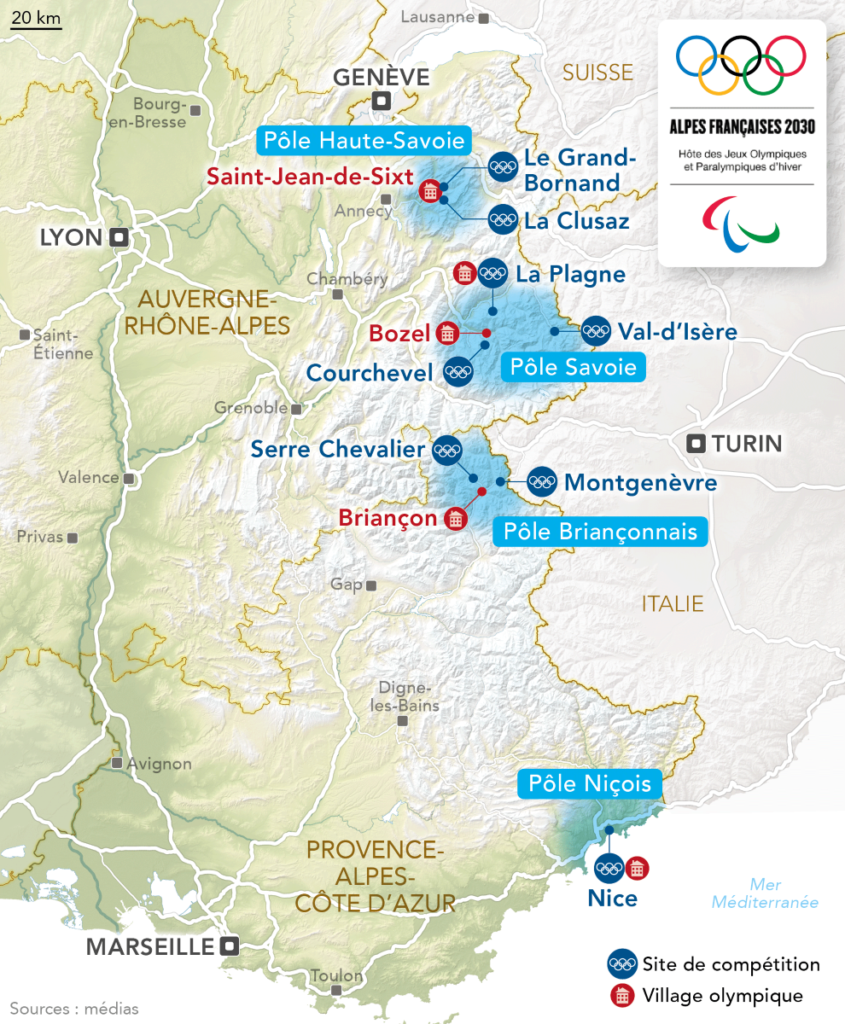 La carte des sites en l’état actuel. Il reste encore quelques inconnues, comme le lieu choisi pour le patinage de vitesse (aux Pays-Bas ou en Italie). Document Cojop.