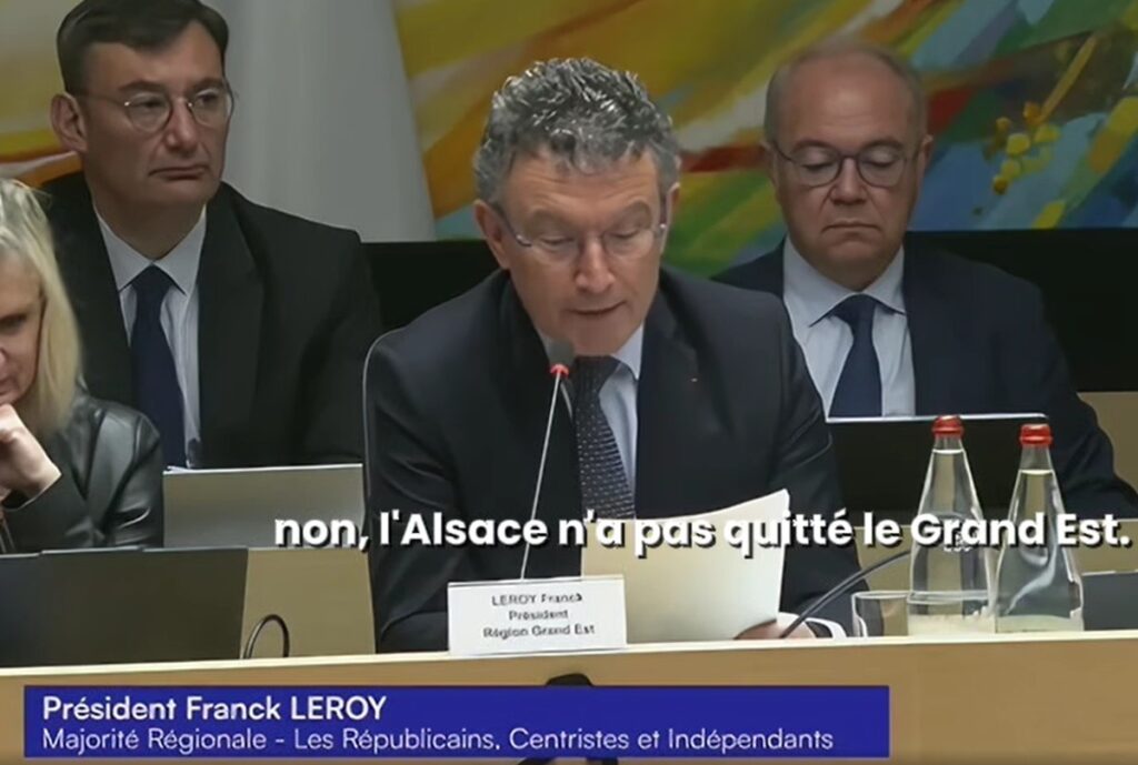Intervention de Franck Leroy lors du vote de la motion s’opposant au démantèlement de la Région. Capture d’écran Région Grand Est.