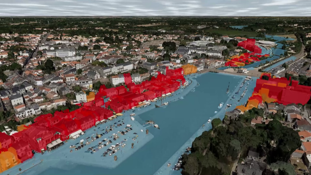 Exemple de simulation 3D : les zones inondables dans la ville de Pornic. Document crédit GEOFIT-IGO