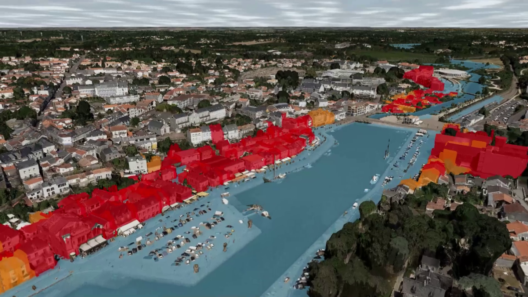 Exemple de simulation 3D : les zones inondables dans la ville de Pornic. Document crédit GEOFIT-IGO