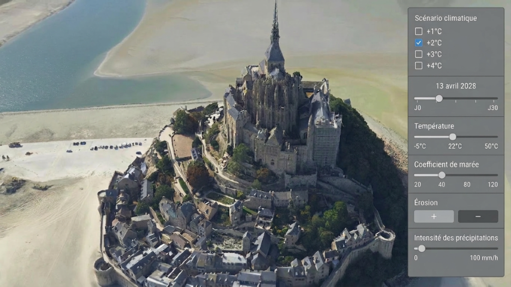 Illustration conceptuelle d’un jumeau numérique de territoires, le Mont-Saint-Michel. Document GEOFIT/IGO/IGN – montage réalisé avec l’aide d’un outil d’IA générative