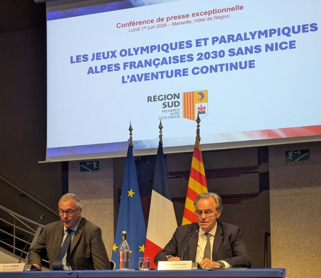 Les annonces de Renaud Muselier en compagnie d’Hervé Liberman, président de la Commission des sports au conseil régional de Provence-Alpes-Côte d’Azur. Photo Région Sud.